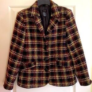 RQT tweed wool blend plaid tartan blazer jacket in black, tan and green size 8
